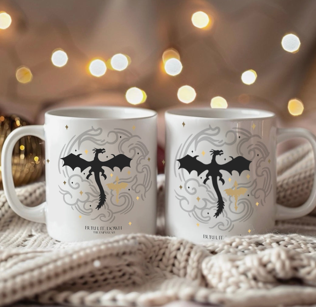 Onyx Storm Inspired Fourth Wing Mug – 'Burn It Down' Quote with Tairn and Andarna Design