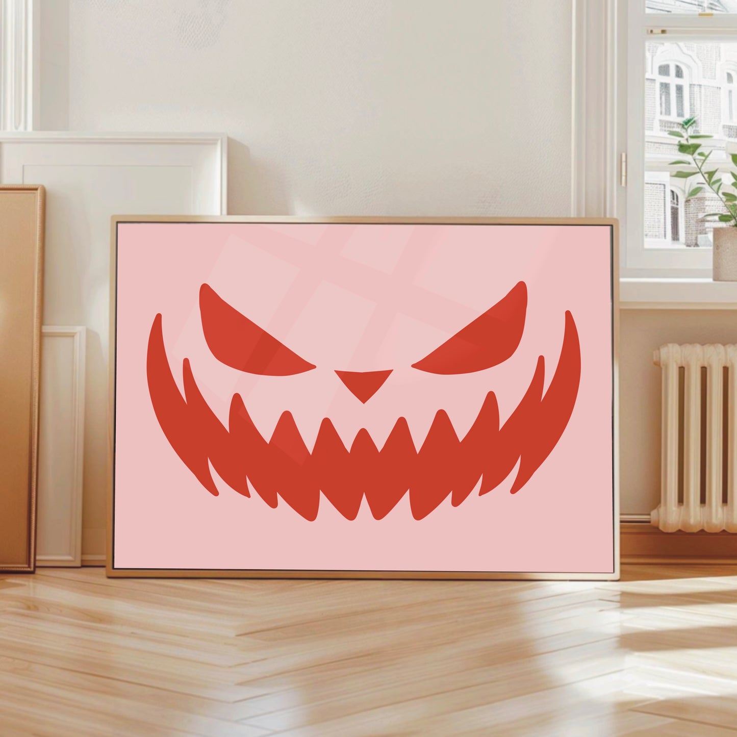 Minimalist Jack-o'-Lantern Halloween Art Print – Red on Pink Modern Wall Decor