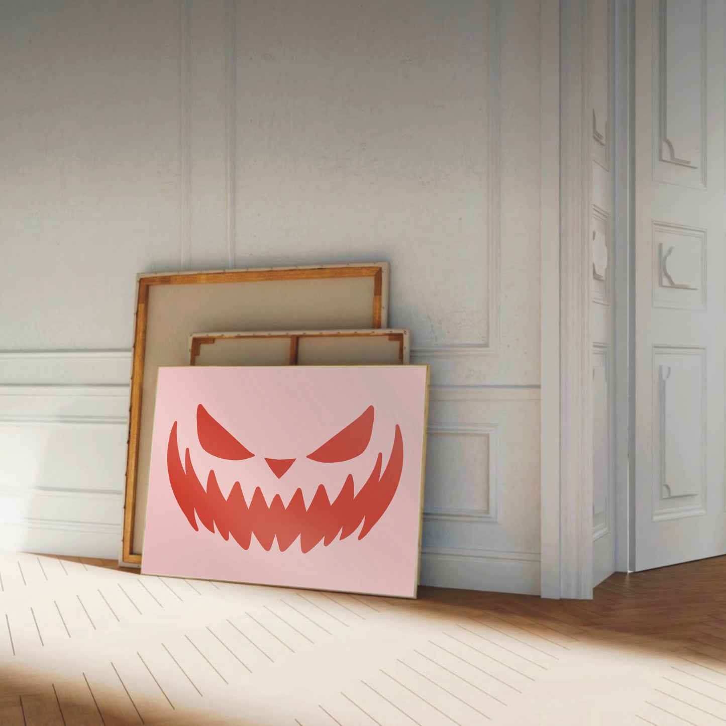 Minimalist Jack-o'-Lantern Halloween Art Print – Red on Pink Modern Wall Decor