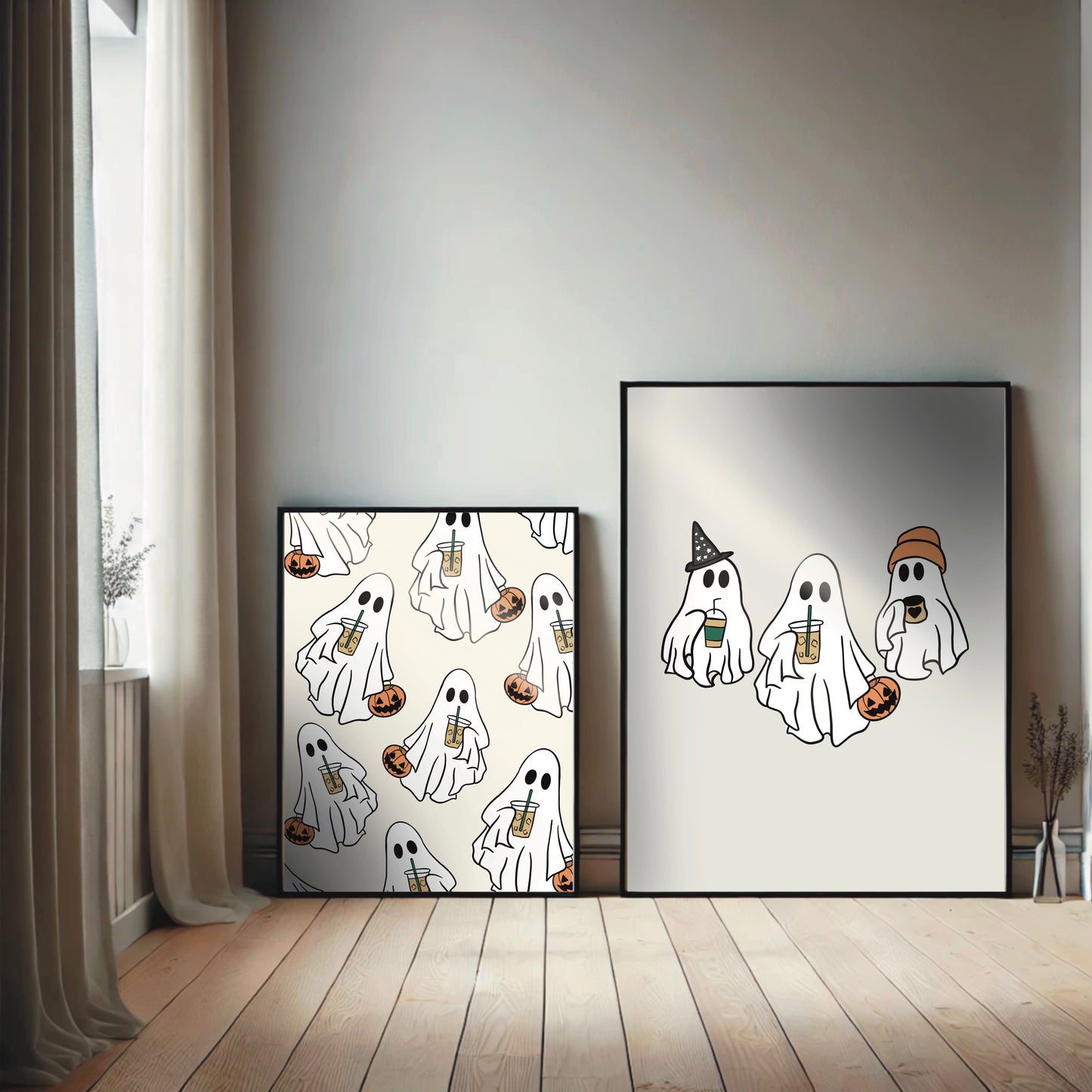 Ghost Pattern Halloween Art Print – Cute Coffee & Pumpkin Repeat Design