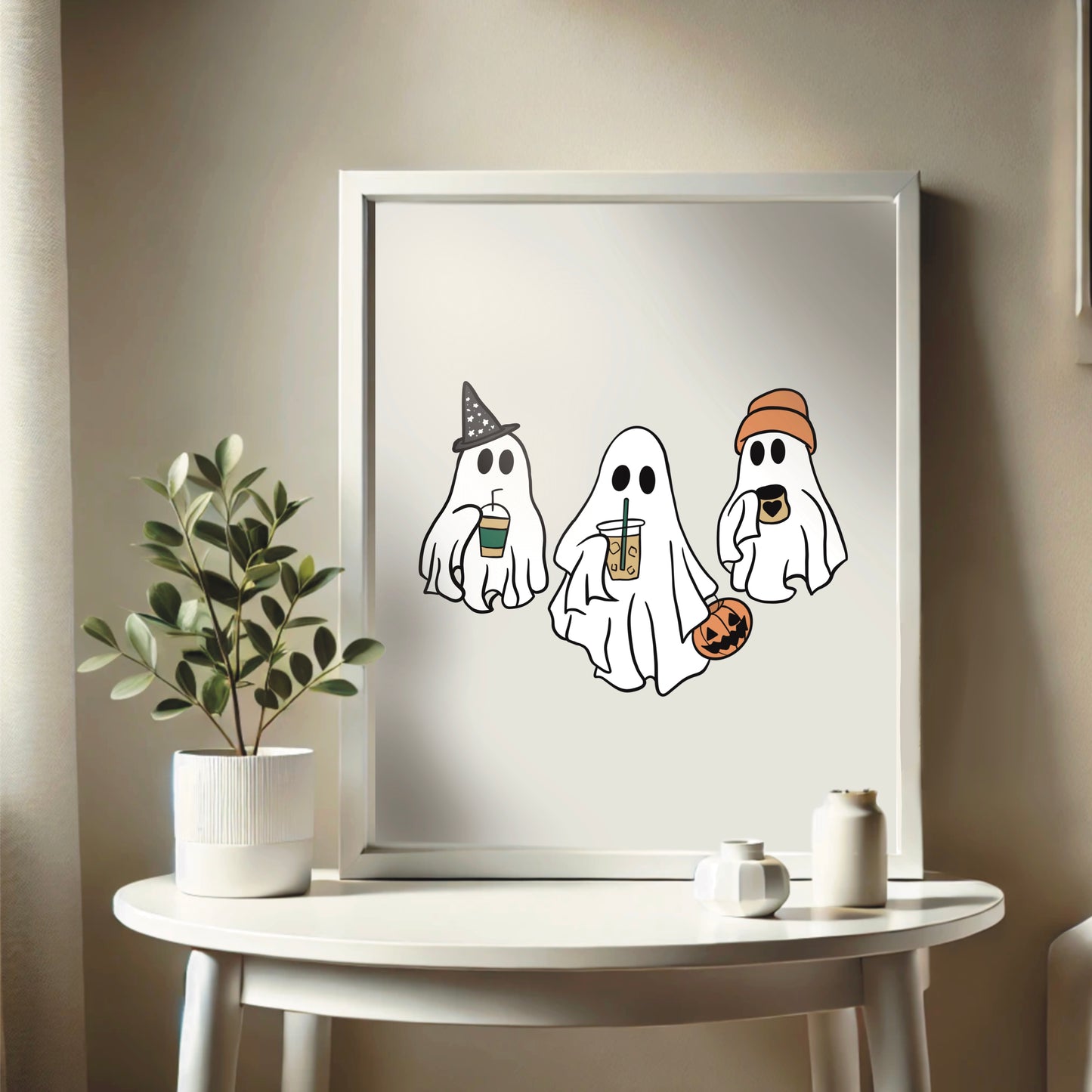 Ghost Gang Halloween Art Print – Cute Coffee & Pumpkin Spice Wall Decor