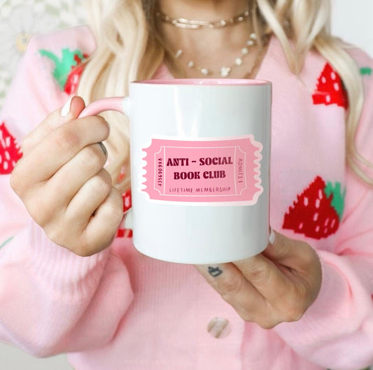 Cute Anti-Social Book Club Ticket Mug - Pink Ceramic 11oz Design