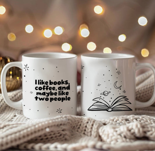 Funny Book Lover Mug – 'I Like Books, Coffee and Maybe Like Two People' Ceramic Coffee Cup