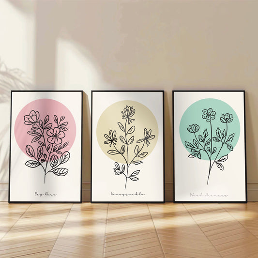 Floral Harmony – Set of 3 Minimal Line Art Prints