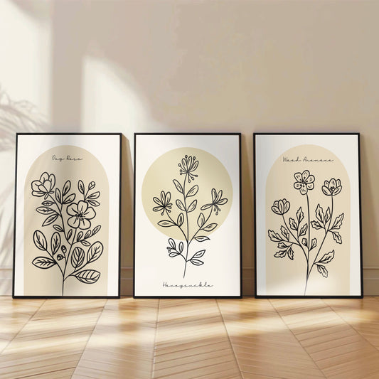 Neutral Floral Harmony – Set of 3 Minimal Line Art Prints