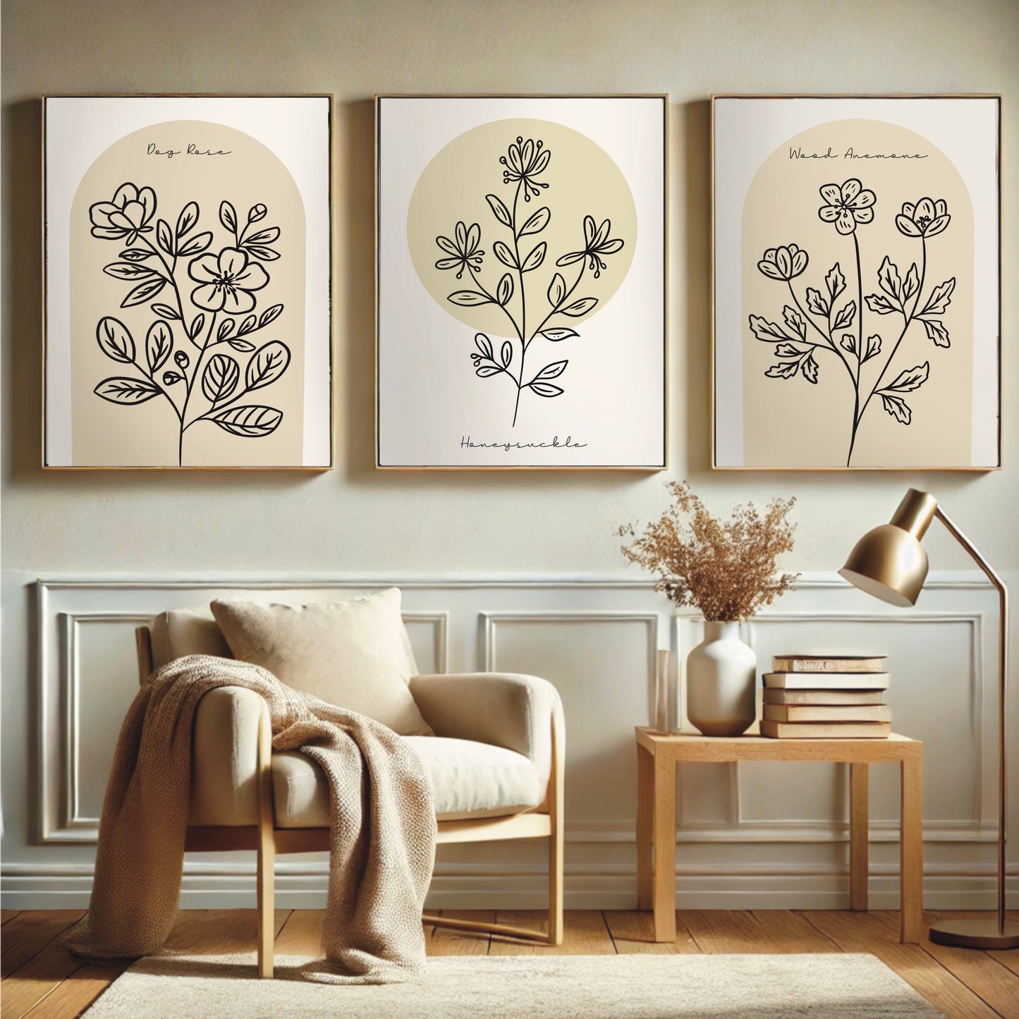 Neutral Floral Harmony – Set of 3 Minimal Line Art Prints