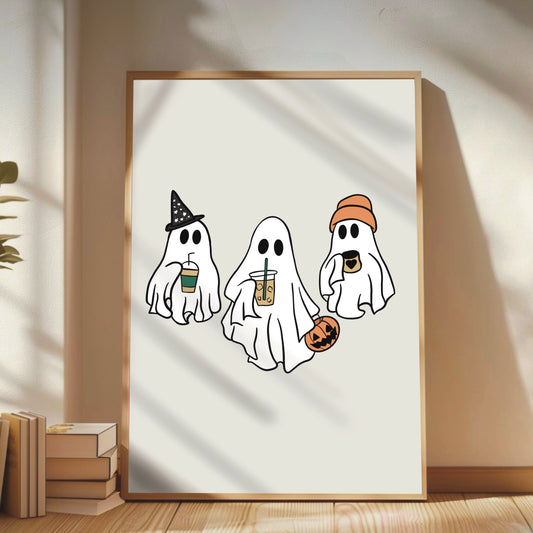 Ghost Gang Halloween Art Print – Cute Coffee & Pumpkin Spice Wall Decor