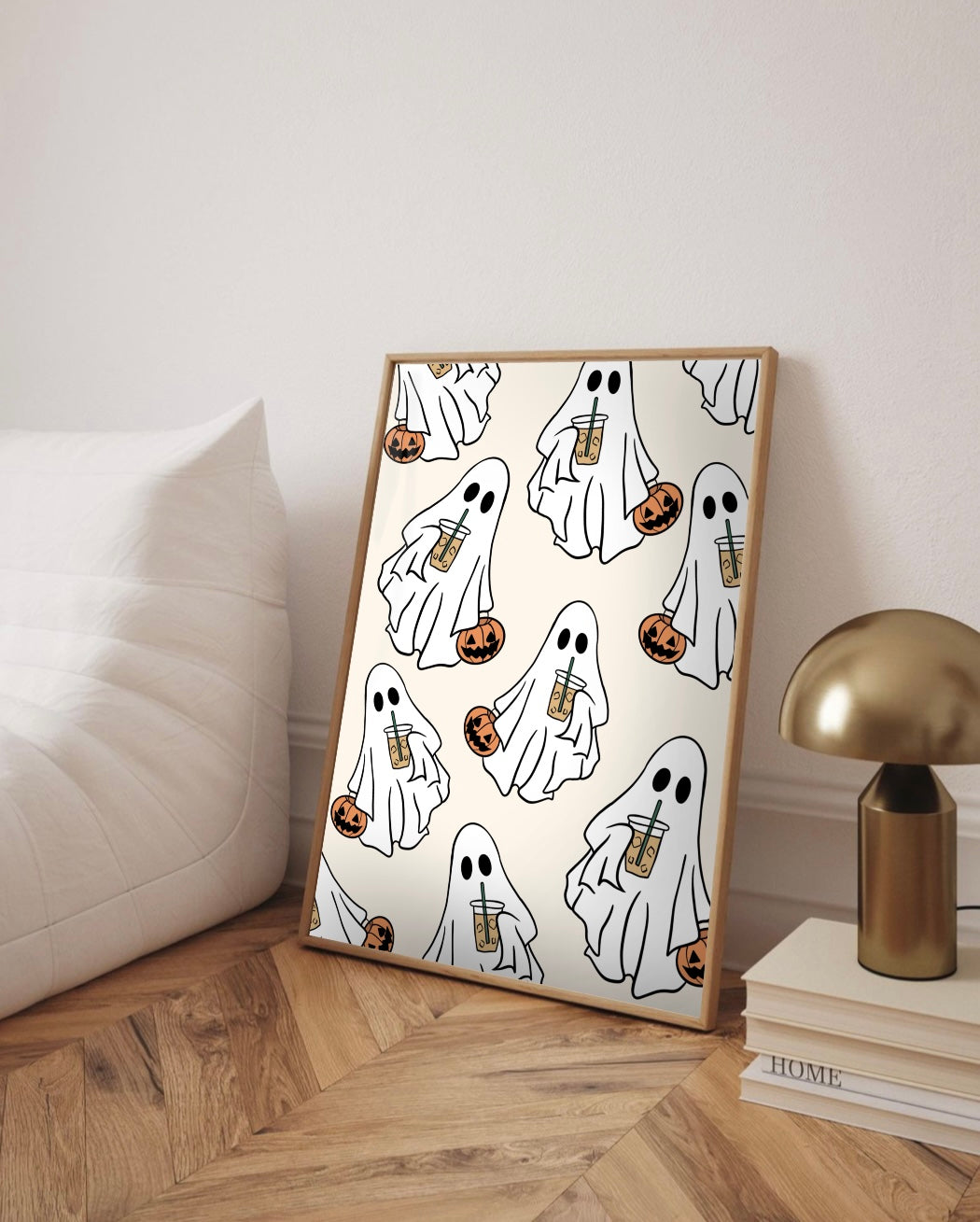 Ghost Pattern Halloween Art Print – Cute Coffee & Pumpkin Repeat Design