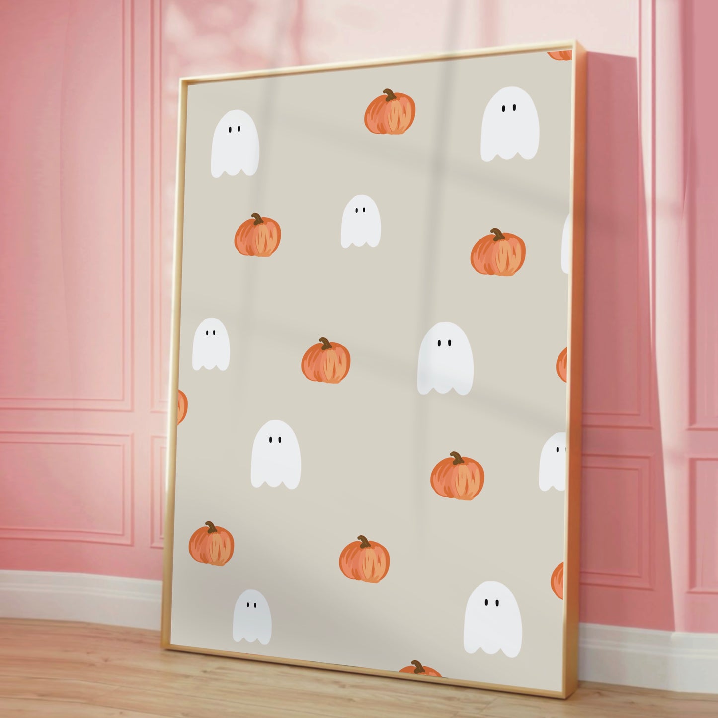 Ghost & Pumpkin Halloween Art Print – Beige Background Cute Seasonal Wall Decor
