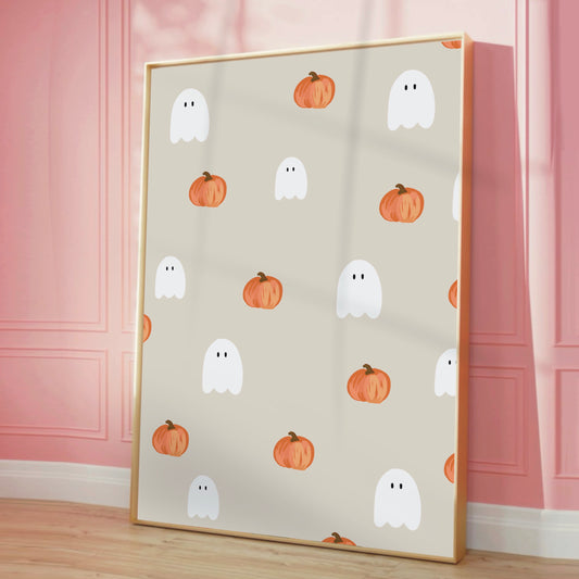 Ghost & Pumpkin Halloween Art Print – Beige Background Cute Seasonal Wall Decor