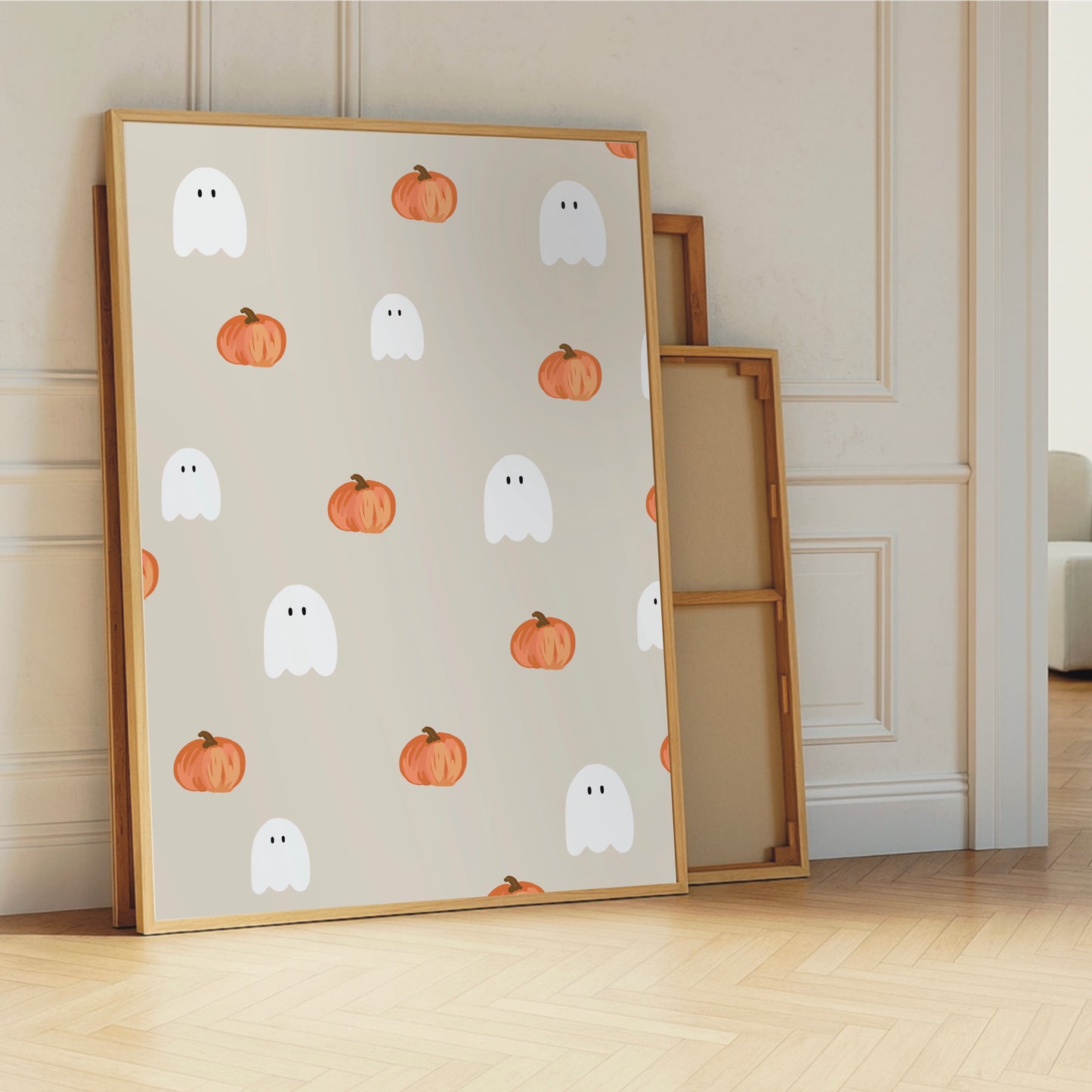 Ghost & Pumpkin Halloween Art Print – Beige Background Cute Seasonal Wall Decor