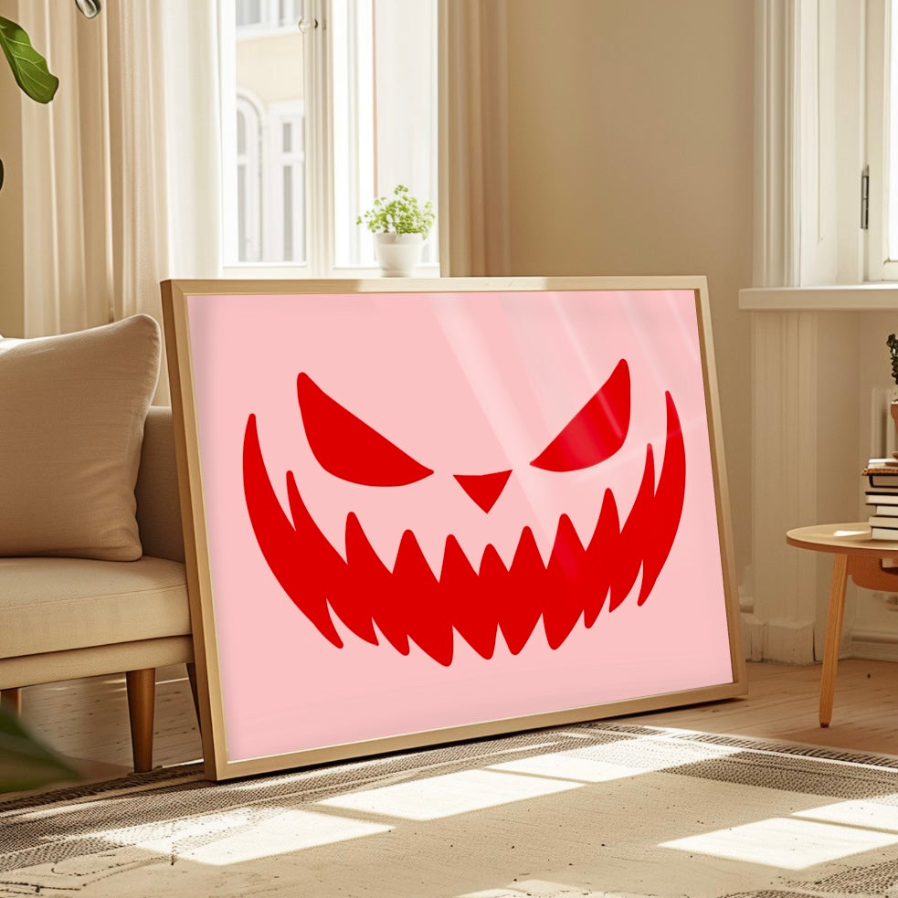 Minimalist Jack-o'-Lantern Halloween Art Print – Red on Pink Modern Wall Decor
