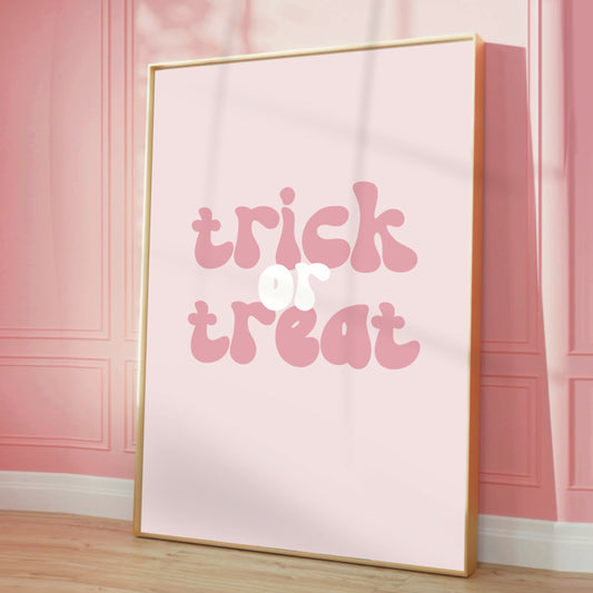 Trick or Treat Halloween Art Print – Pastel Pink Retro Typography Wall Decor