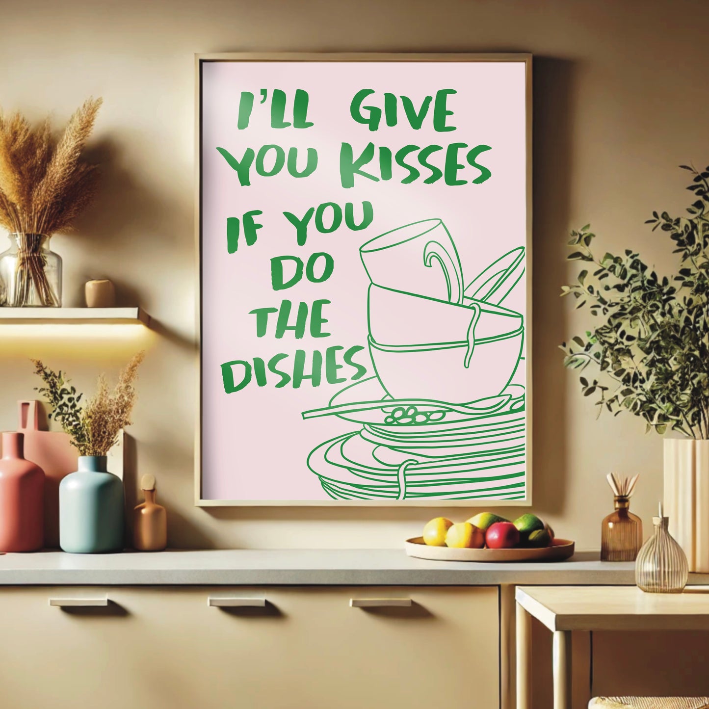 Kitchen Wall Print - "Kisses and Dishes"