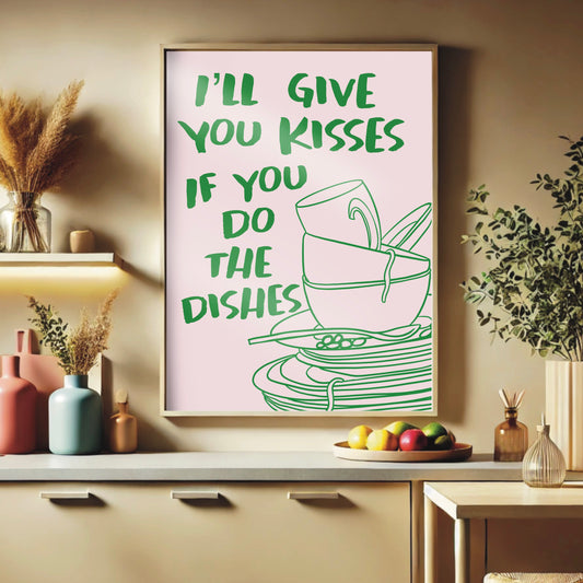 Kitchen Wall Print - "Kisses and Dishes"